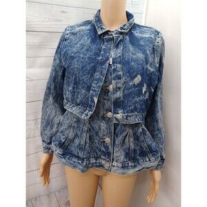 Kroix Womens Denim Blue Jean Jacket Distressed Sz XL Look Small Read*
